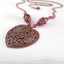 Antiqued Copper and Fuchsia Romantic Filigree Heart Pendant Necklace