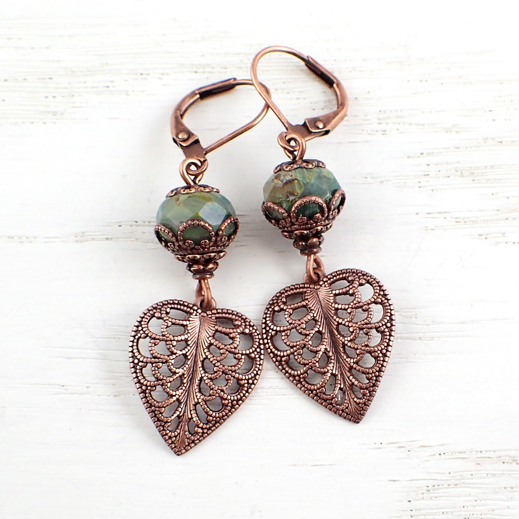 Filigree Leaf Dangle Earrings with Green Artisan Czech Glass Beads