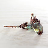 Large Rustic Green Bead Copper Leverback Earrings