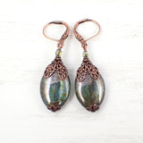 Large Rustic Green Bead Copper Leverback Earrings view 2