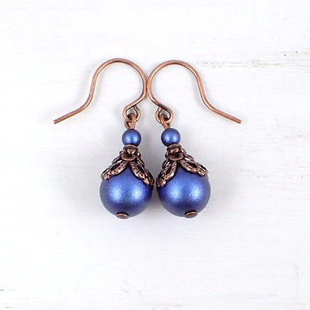Iridescent Dark Blue and Copper Earrings with Pearls