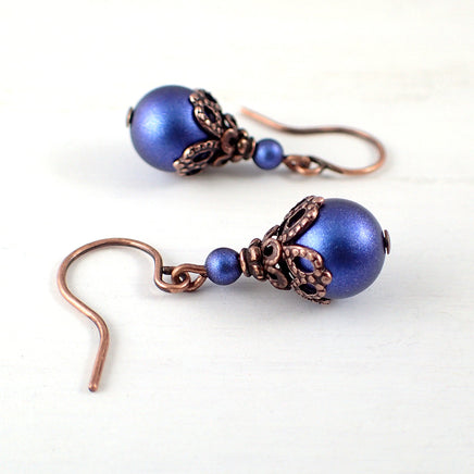 Iridescent Dark Blue and Copper Earrings with Pearls
