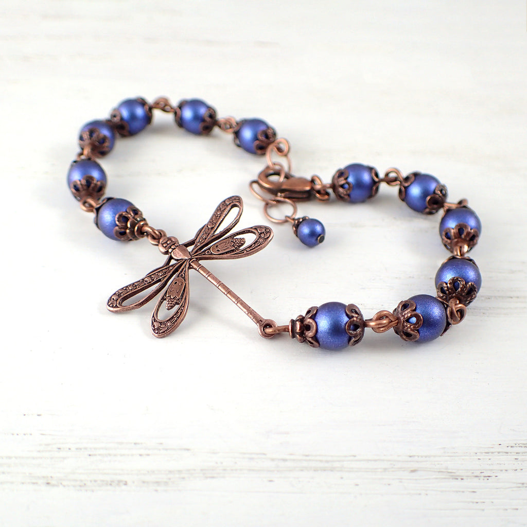 Iridescent Dark Blue and Copper Dragonfly Bracelet