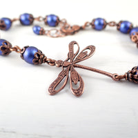 Iridescent Dark Blue and Copper Dragonfly Bracelet close up view