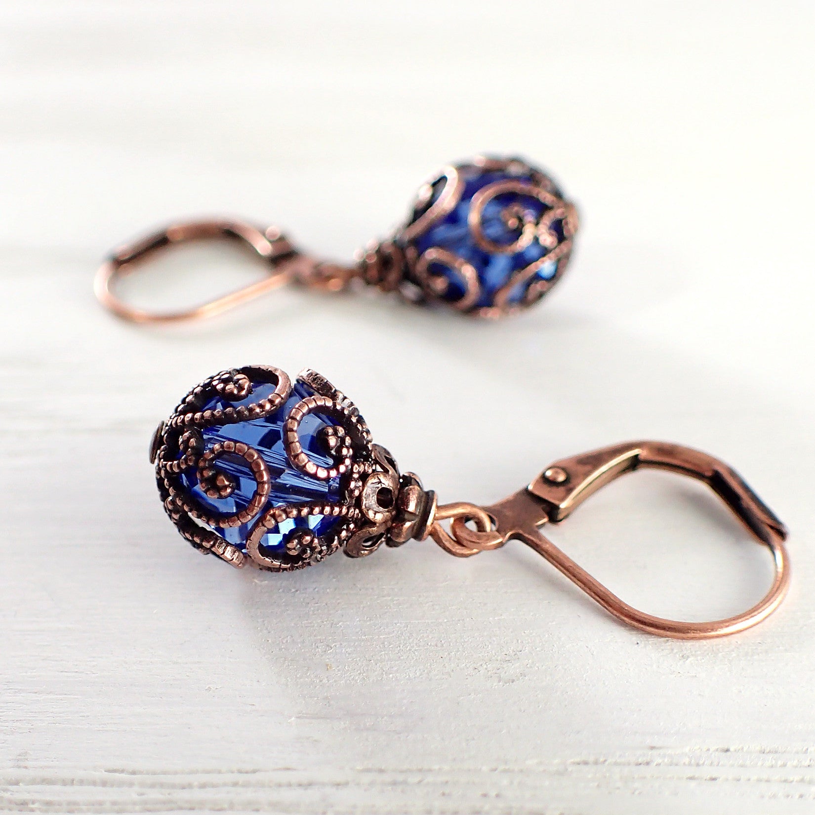 Bright Blue and Copper Caged Crystal Earrings