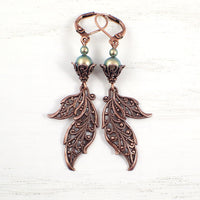 Iridescent Green and Copper Fantasy Leaf Earrings
