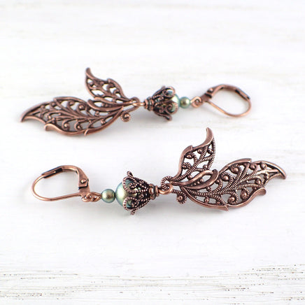 Iridescent Green and Copper Fantasy Leaf Earrings view 2