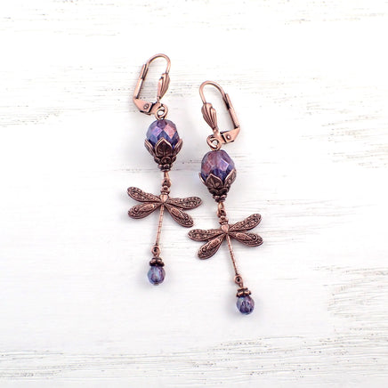 Purple and Copper Dragonfly Earrings top view