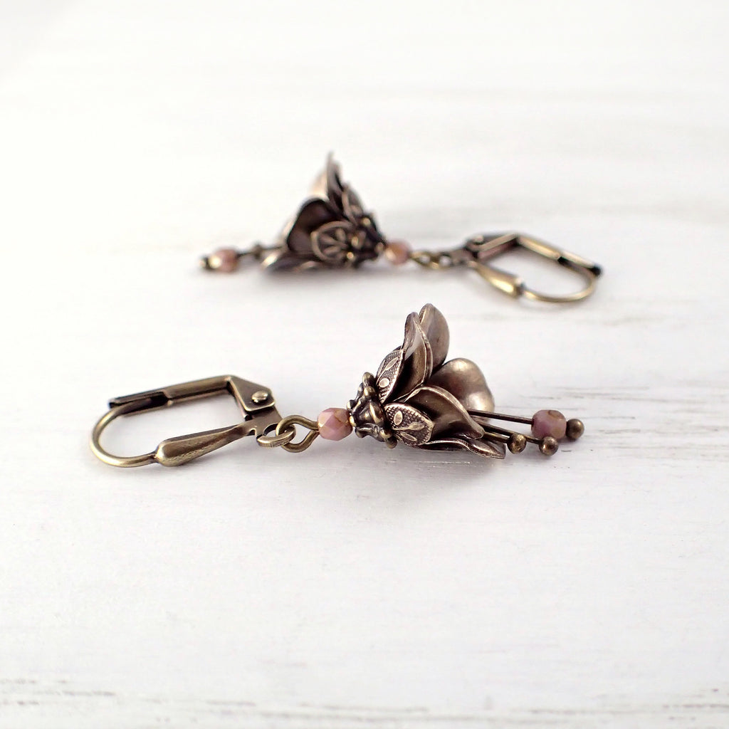 Dusty Pink Metal Flower Dangle Earrings