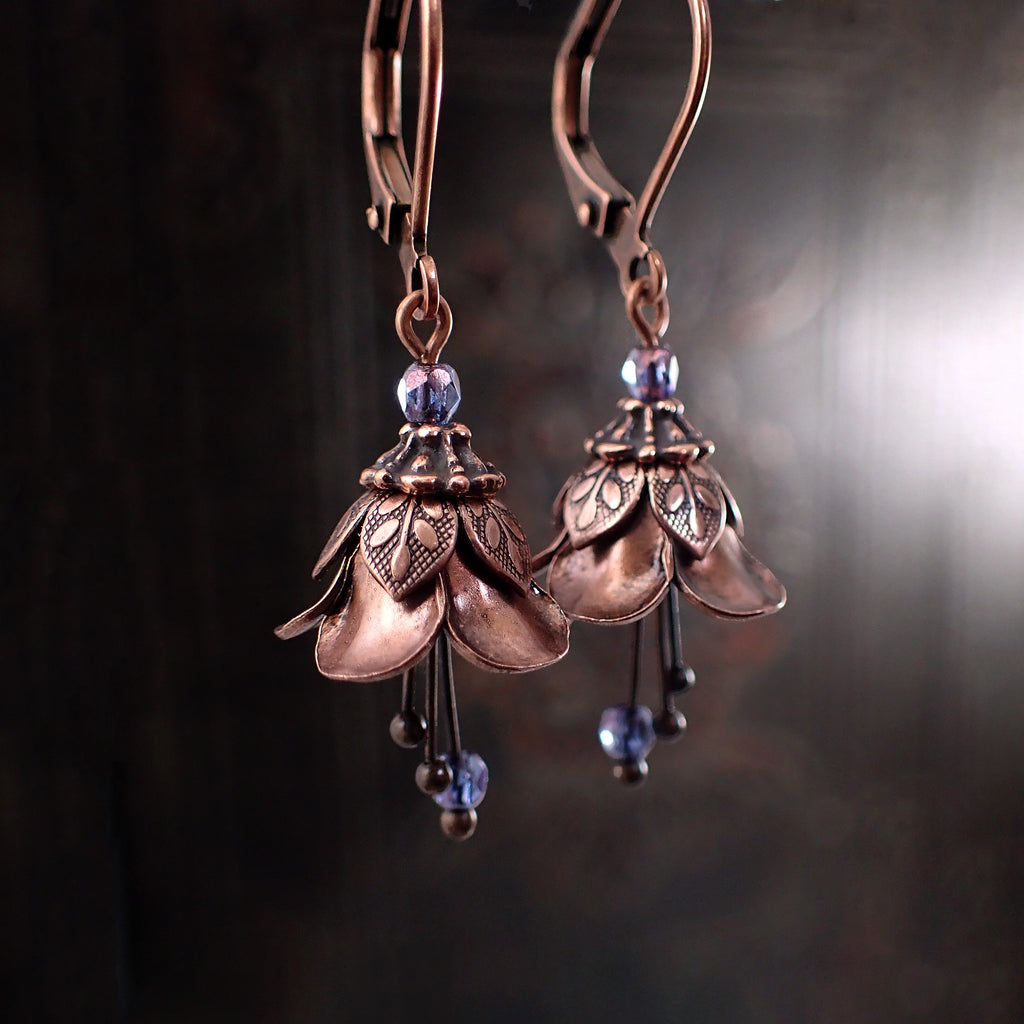Lustered Purple and Copper Flower Dangle Earrings