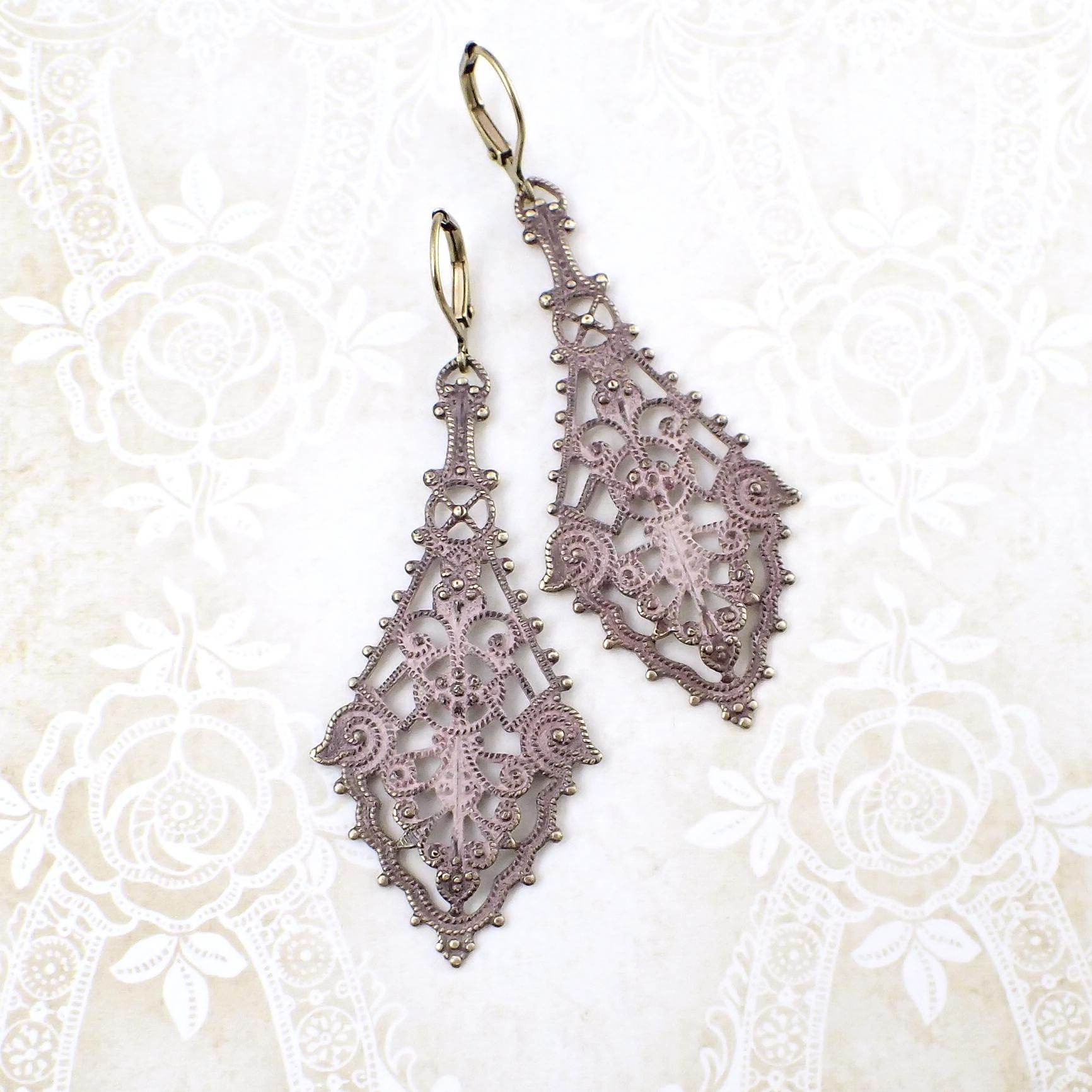 Shabby Distressed Pink Patina Filigree Earrings