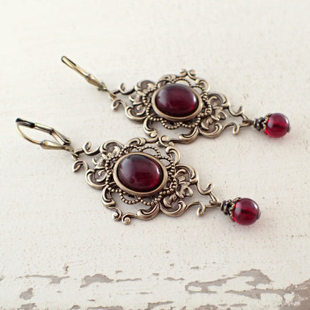 Blood Red Cabochon and Filigree Earrings image 2