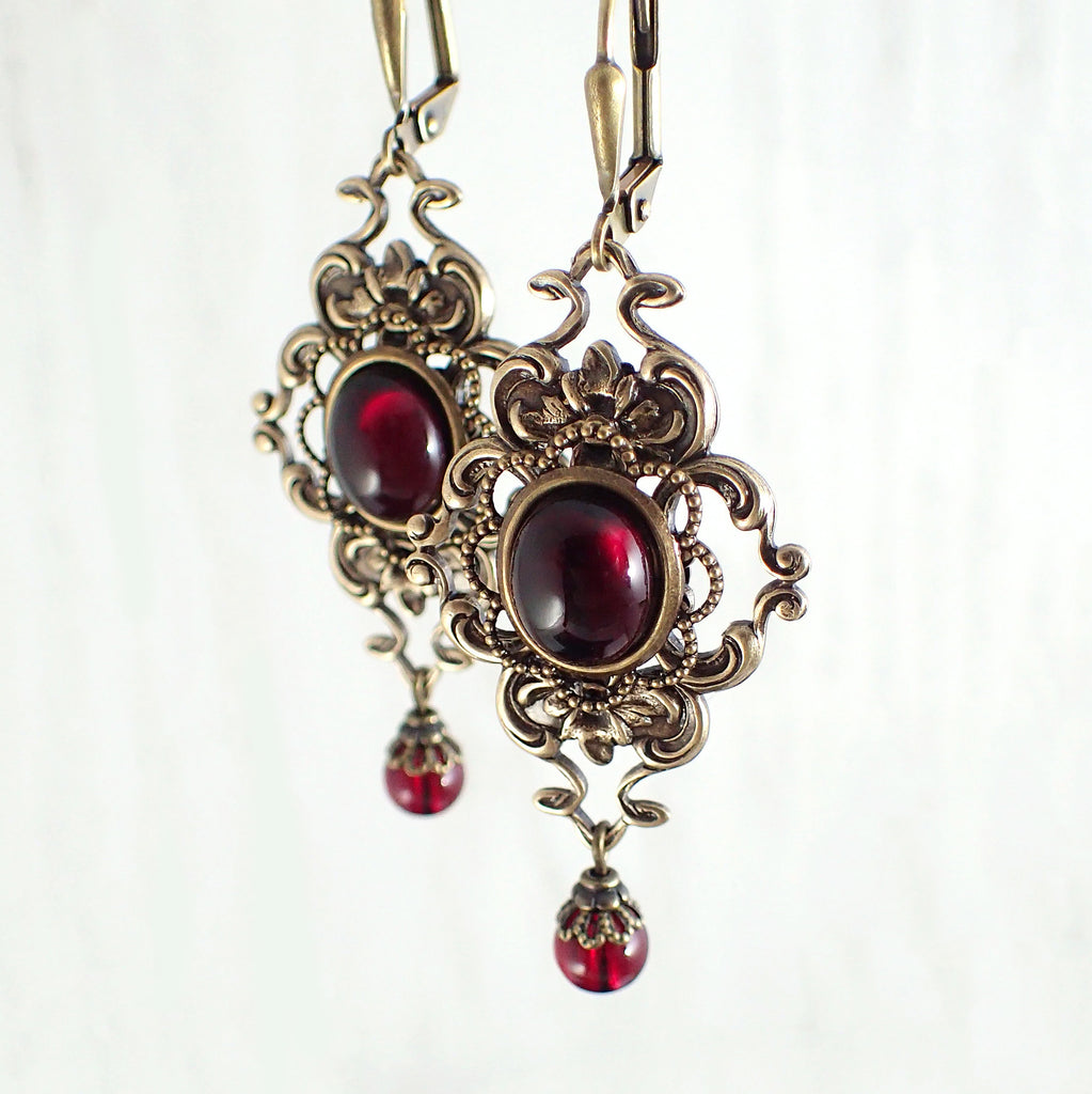 Deep Red Cabochon and Filigree Earrings