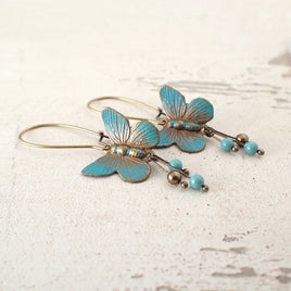 handmade Verdigris Butterfly Earrings in Antiqued Brass