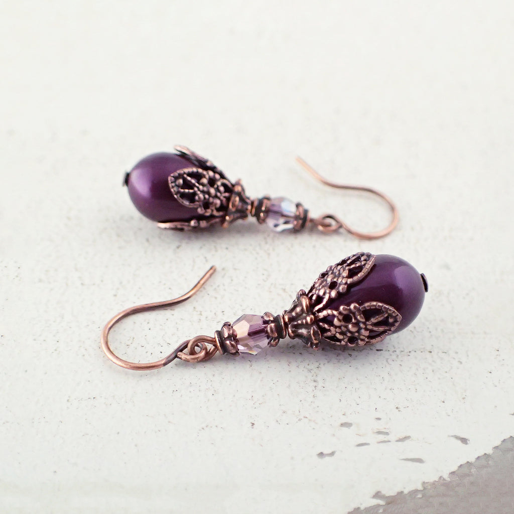 Filigree Wrapped Plum Purple and Copper Earrings