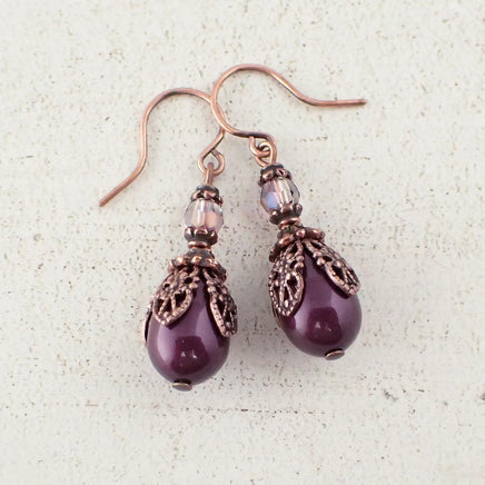 Filigree Wrapped Plum Purple and Copper Earrings view 2