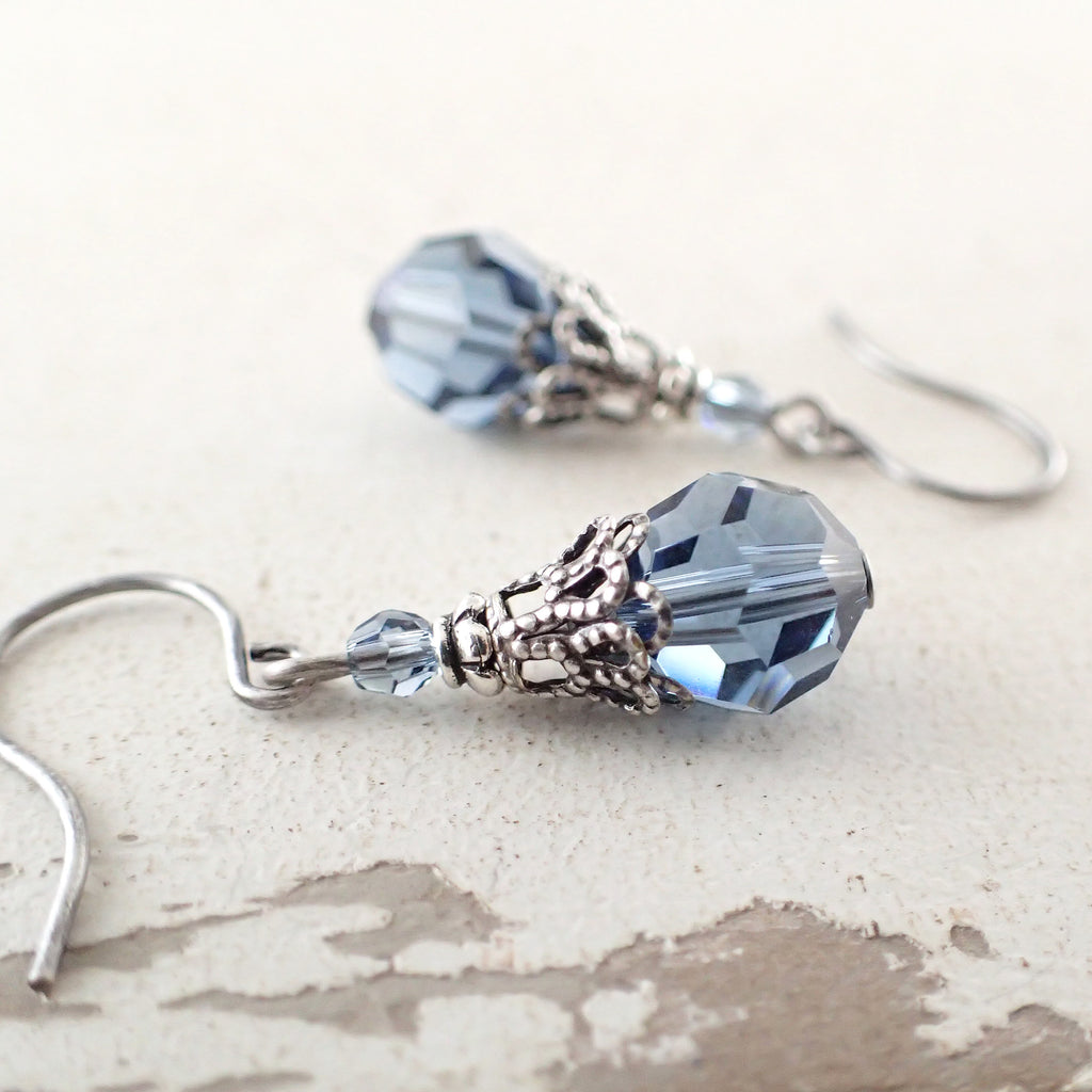 Denim Blue Crystal and Antiqued Silver Earrings