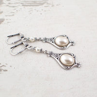 Silver Victorian Ivory Pearl Cabochon Earrings