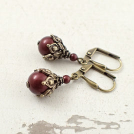 Burgundy Pearl Victorian Style Earrings