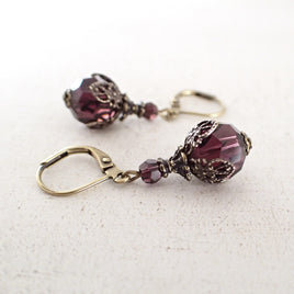 Filigree wrapped burgundy crystal earrings