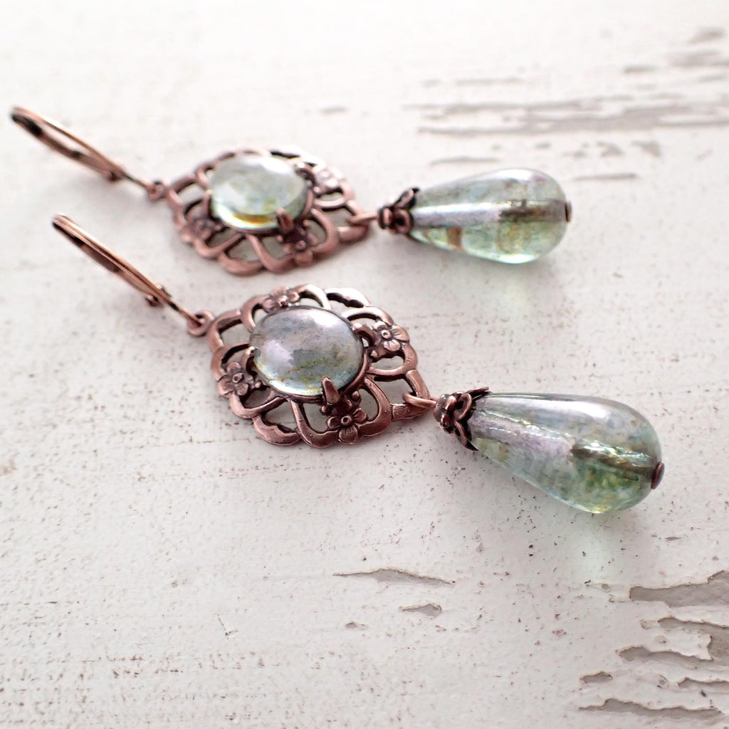 Long Green and Copper Earrings