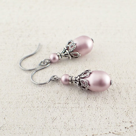 Antique Style Powder Pink Pearl Earrings side view