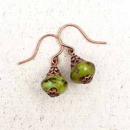 Rustic Green Czech Glass Rondelle Earrings