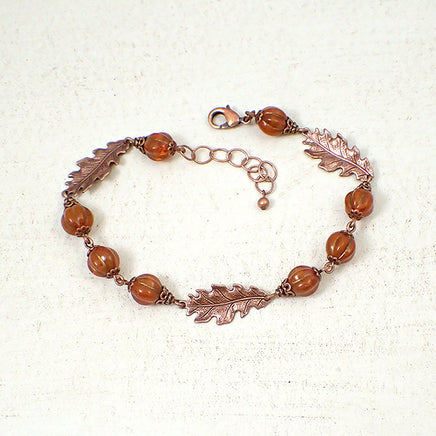 Rustic Burnt Orange Czech Glass Copper Oak Leaf Bracelet