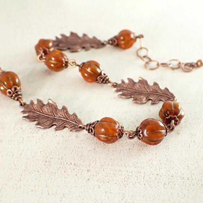 Rustic Burnt Orange Czech Glass Copper Oak Leaf Bracelet