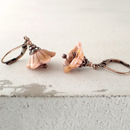 Dusty Rose and Copper Flower Earrings view 2