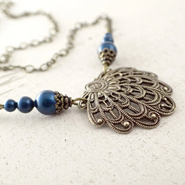 Victorian Filigree Seashell Necklace in Dark Teal