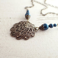 Victorian Filigree Seashell Necklace in Dark Teal