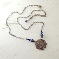 Victorian Filigree Seashell Necklace in Dark Teal