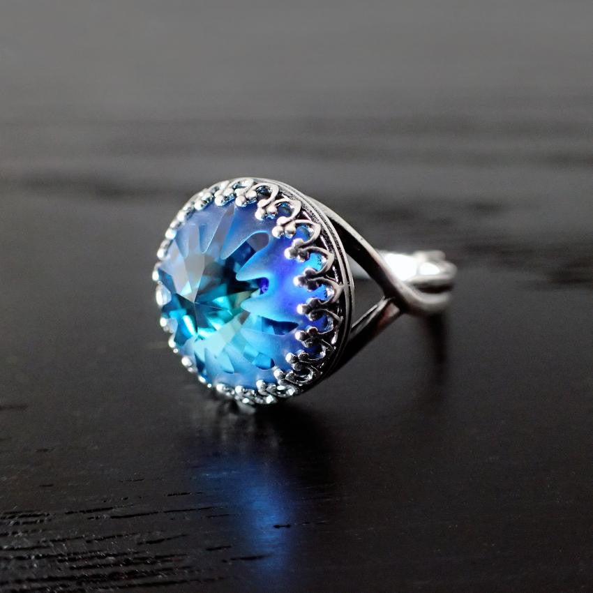 Blue and Silver Crystal Cocktail Ring