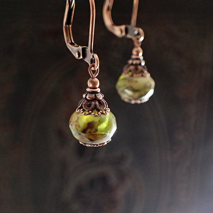 Rustic Olive Green and Beige Copper Lever-back Earrings