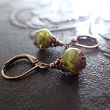 Rustic Olive Green and Beige Copper Lever-back Earrings side view