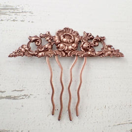 Floral Victorian Hair Comb in Antiqued Copper
