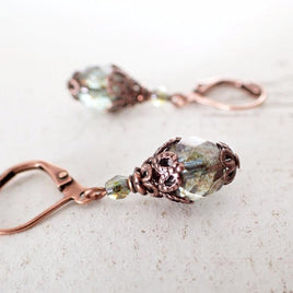 Rustic Green Copper Lever Back Earrings