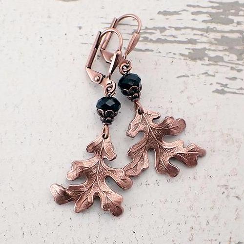 Antique Copper Wild Oak Leaf Earrings with Crystals