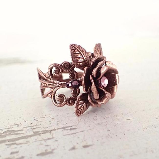 Copper Rose Filigree Ring with Pink Crystals