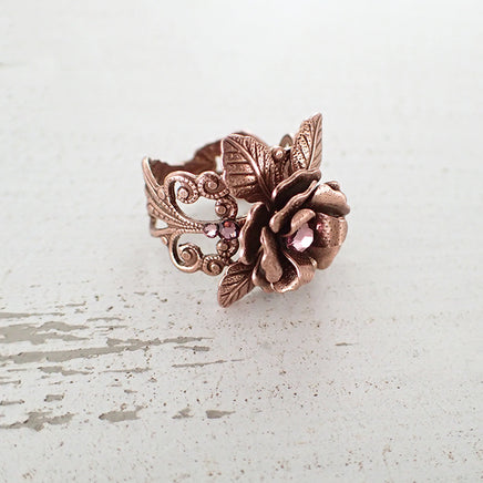 Copper Rose Filigree Ring with Pink Crystals view 4