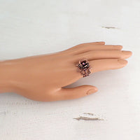 Copper Rose Filigree Ring with Pink Crystals on model