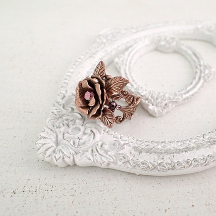 Copper Rose Filigree Ring with Pink Crystals view 2