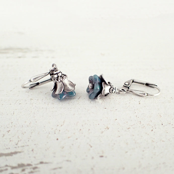 Dainty Teal and Silver Flower Earrings