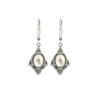 Art Deco Pearl Cabochon Earrings in Antiqued Silver Finish
