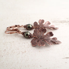 Dark Green and Copper Oak Leaf Earrings