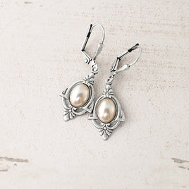 Art Deco Pearl Cabochon Earrings in Antiqued Silver Finish