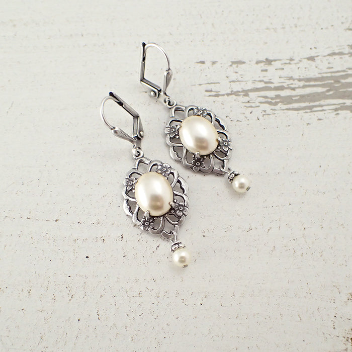 Antiqued Silver Floral Pearl Cabochon Earrings