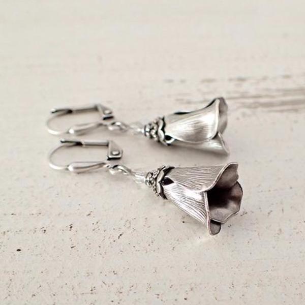 Antiqued Silver Tulip Flower Earrings
