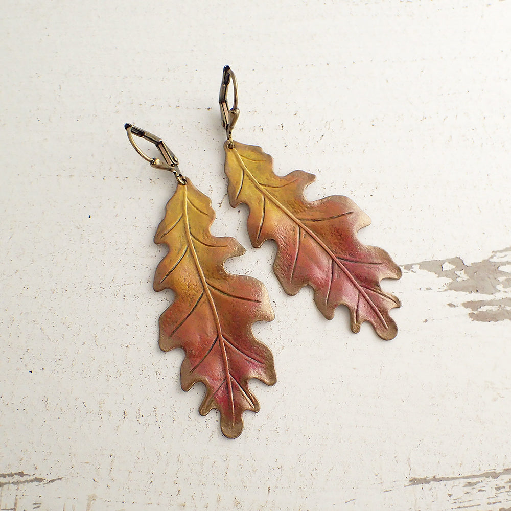 Large Oak Leaf Earrings with Autumn Patina
